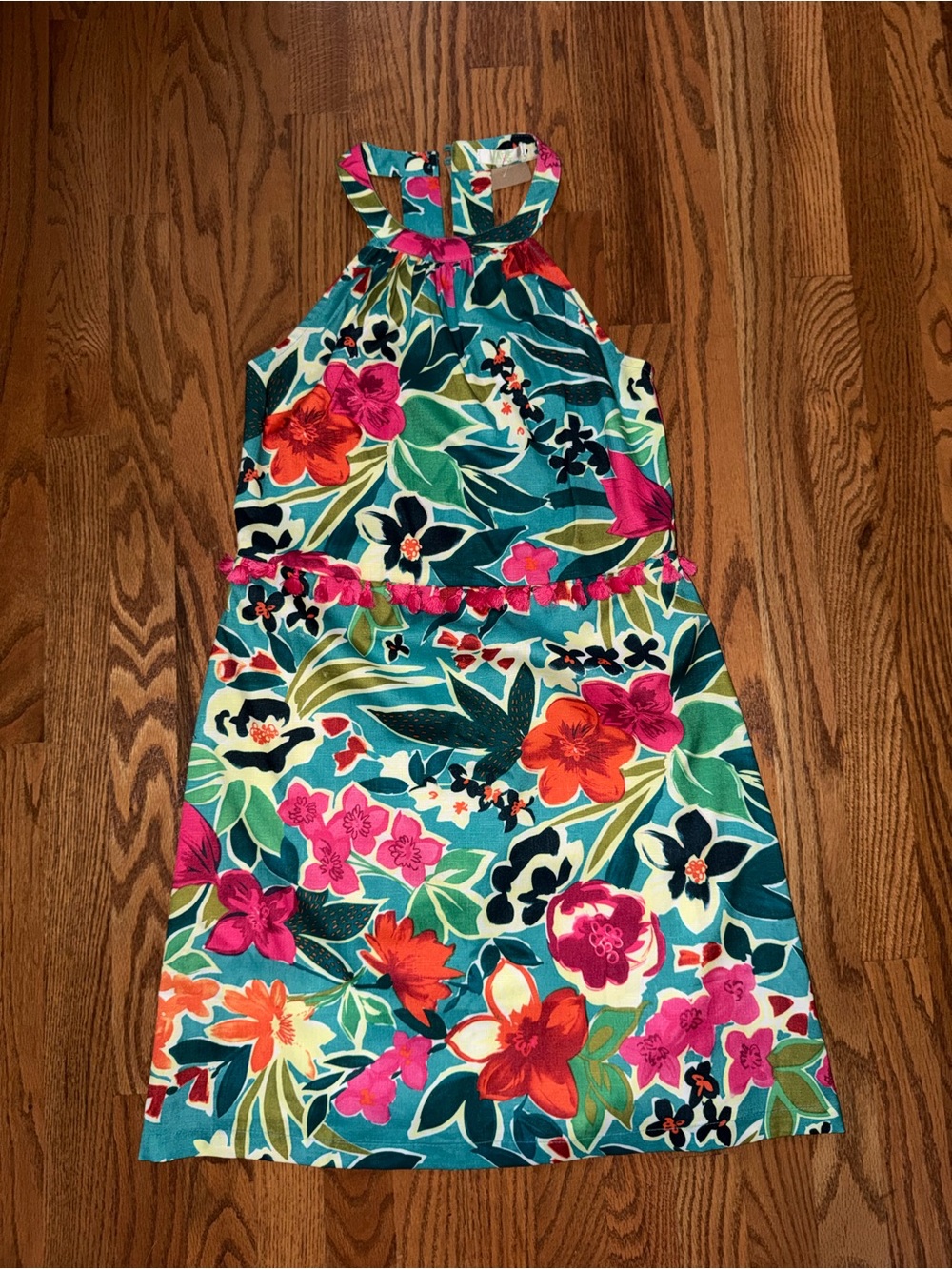 Jade Melody Tam Floral Halter Sundress in Teal with Pink & Orange tassels XS NWT
